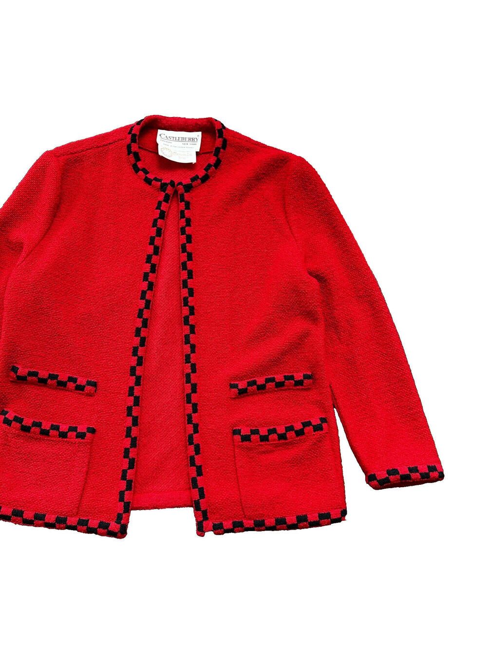 VTG Castleberry Womens Knit Cardigan Blazer Jacket Red Checkerboard Cute Grandma